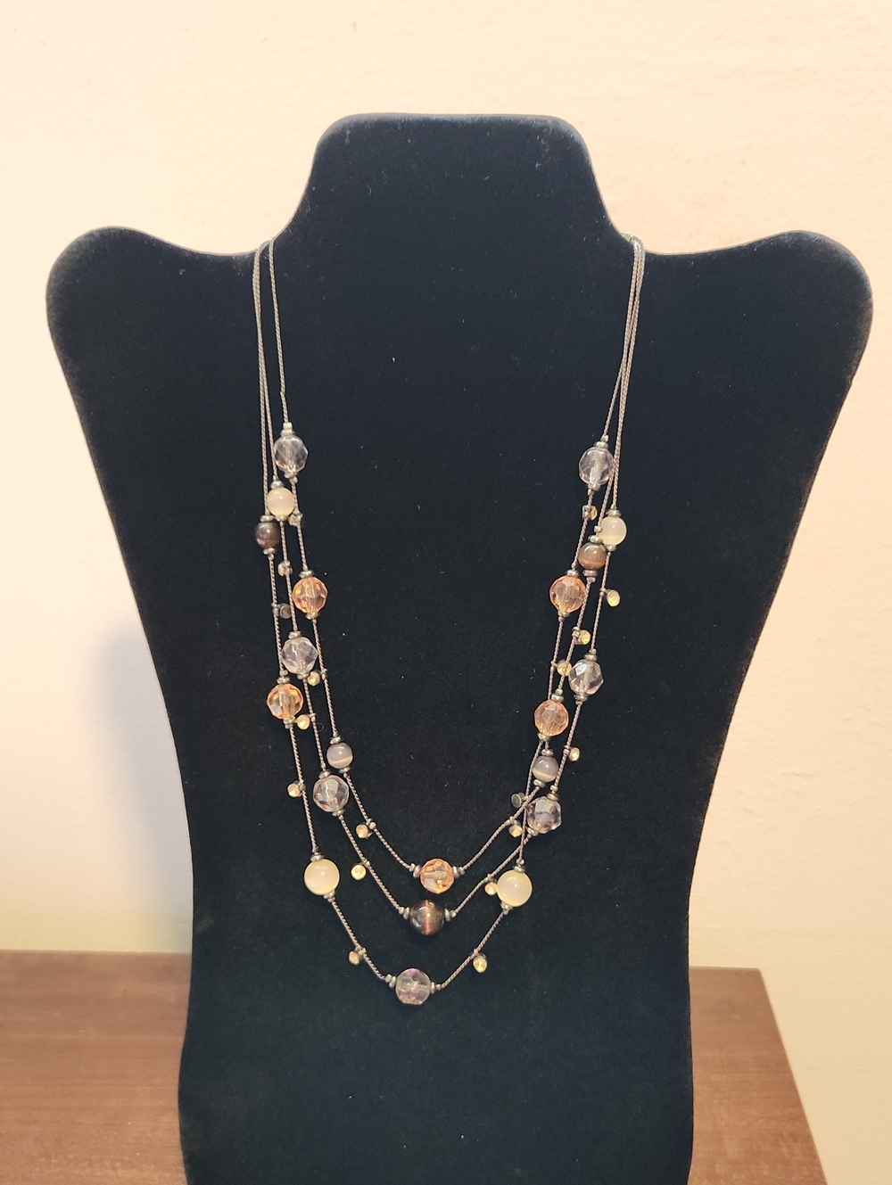 Multi-Strand Beaded Pendant Necklace in Brown and Cream